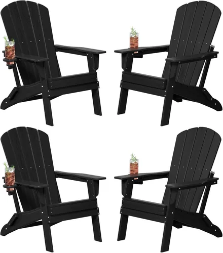 Miniatura 20 de Plawdlik Adirondack Juego de 2 sillas plegables, probadas por SGS, textura de madera con portavasos, polietileno de alta densidad resistente a todo