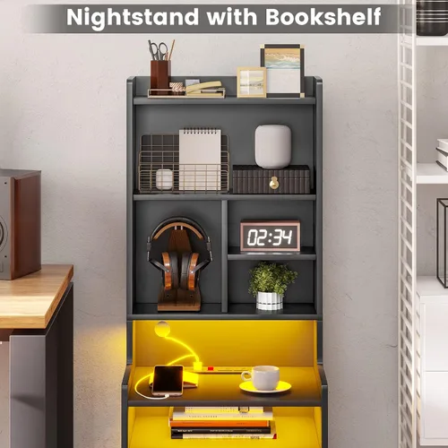 Miniatura 8 de BTHFST Mesita de noche alta con luces LED y estación de carga, mesita de noche LED negra con estantes y 2 cajones, mesita de noche con estantería