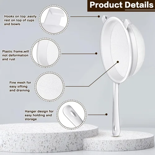 Miniatura 3 de 3 piezas de colador de malla de nylon de plástico con mango, colador de malla fina doble para alimentos, tamizador de harina para hornear, colador