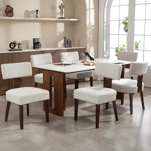 Miniatura 32 de Juego de 4 sillas de comedor, sillas de cocina de tela tapizada en madera, silla acolchada de lino sin brazos con respaldo curvo acentuado