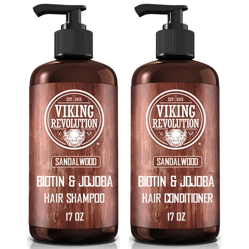 Viking Revolution Set de champú y acondicionador de sándalo con biotina y aceite de jojoba, champú natural para el cabello y acondicionador para el
