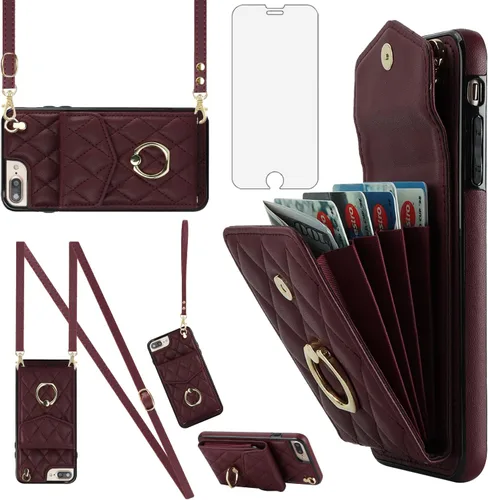 Asuwish Funda de teléfono para iPhone 7plus 8plus 7/8 Plus Funda tipo cartera con protector de pantalla de vidrio templado, anillo cruzado, Rojo vino