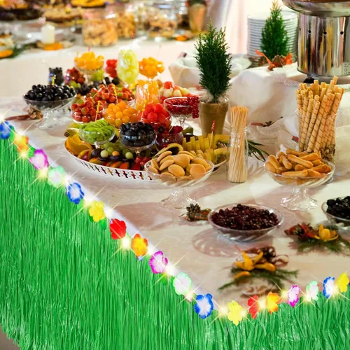 Miniatura 5 de Aneco 2 faldas de mesa de césped Luau de 9 pies x 30 pulgadas con cadena de luz LED, falda de mesa hawaiana iluminada, falda de hierba iluminada