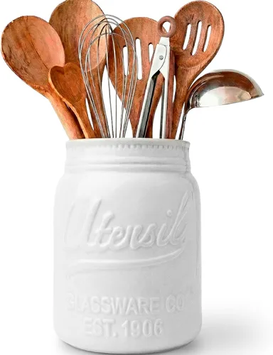 Comfify Portautensilios de Tarro Mason de Boca Ancha Organizador Decorativo de Utensilios de Cocina Crock - Regalo Perfecto para Utensilios de