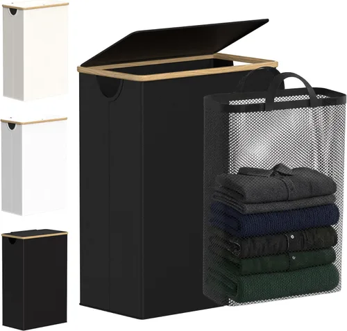 Miniatura 37 de efluky Cesta de lavandería con tapa y bolsa extraíble, cesta de lavandería de 100 litros de alto con asas de bambú, papelera estética para ropa Gris