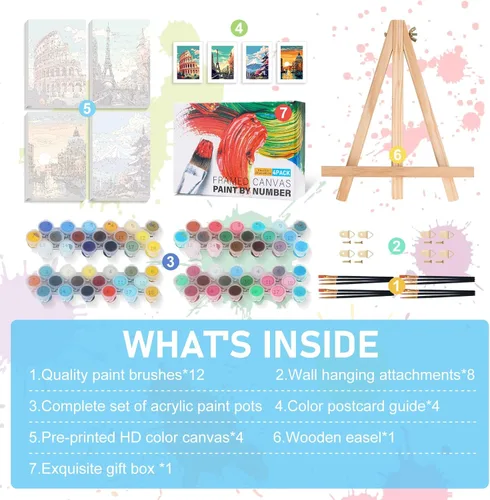 Miniatura 6 de Offito Paquete de 4 pinturas enmarcadas por números para adultos principiantes con caballete de madera, kit de pintura fácil de paisaje por números