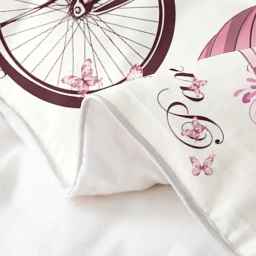 Miniatura 5 de Juego de funda de edredón de 100 % algodón natural con diseño de la Torre Eiffel para parejas, juego de ropa de cama floral rosa, funda de edredón