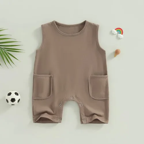 Miniatura 105 de Mameluco unisex de manga corta para bebé recién nacido, con botones, de una pieza, ropa de color sólido