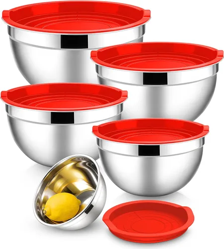 Miniatura 11 de E-far Tazones para mezclar con tapas, juego de 6 piezas de tazones para ensalada de acero inoxidable, tazones de metal anidables para hornear, Azul