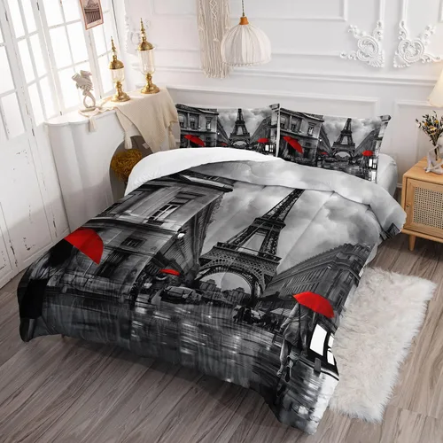 Miniatura 3 de Datura home Juego de Ropa de Cama Edredón Escenario de Calle de París Torre Eiffel Patrón Estampado Juego de Ropa de Cama con 1 Edredón y 2 Fundas