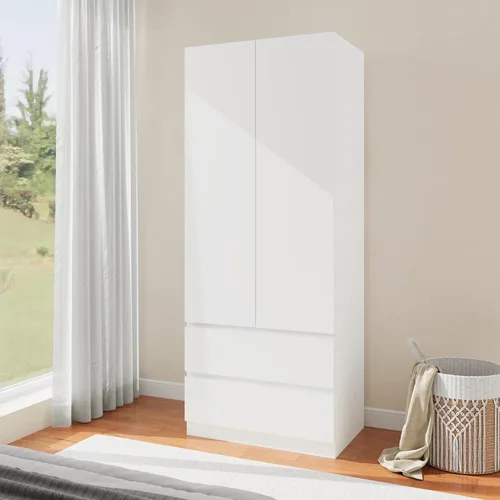 Miniatura 3 de Armario de madera con 2 puertas, armario de dormitorio de 79 pulgadas con 2 cajones, armario para ropa con barra para colgar y estantes, armarios