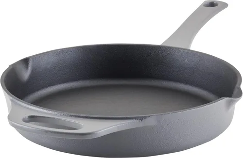 Rachael Ray NITRO - Sartén de hierro fundido con mango auxiliar y boquillas de vertido, 10 pulgadas, color gris