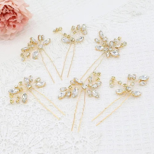 Oriamour Horquillas de cristal para el cabello, accesorios para el cabello de boda para mujeres y niñas, paquete de 6 (dorado)