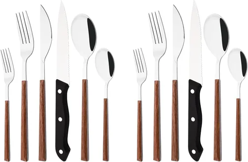Miniatura 9 de Juego de cubiertos con cuchillos para carne, 48 piezas, juego de cubiertos para 8 cubiertos de acero inoxidable con mango de grano de madera