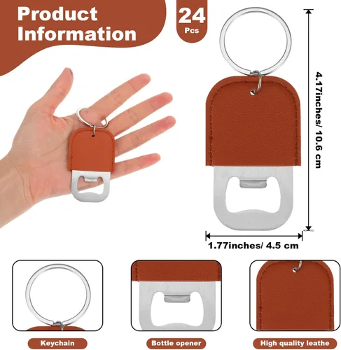 Miniatura 2 de 24 llaveros de piel sintética marrón, abridor de cerveza de acero inoxidable para regalo, boda, fiesta, bar, llavero en blanco a granel
