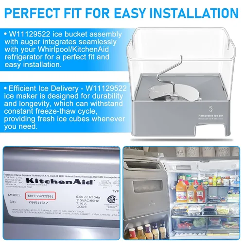 Miniatura 5 de Cubo de hielo para refrigerador W11129522 mejorado compatible con repuesto KitchenAid W10564750 Whirlpool Cubo de hielo extraíble KRFF707ESS01