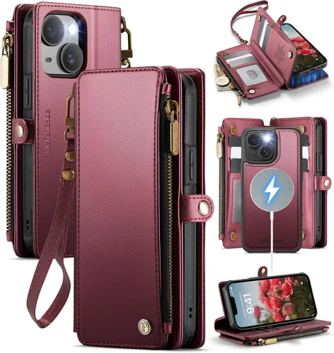 Miniatura 17 de Defencase Compatible con iPhone 15 Plus Funda Cartera con Tarjetero de Bloqueo RFID para Mujeres y Hombres, Cuero PU Cierre Magnético Plegable Rojo