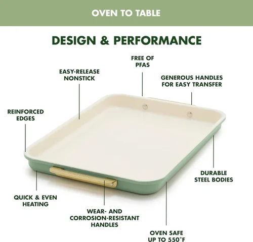 Miniatura 4 de GreenPan Bakeware - Bandeja cuarto de hoja de 13" x 9" pulgadas, bandeja antiadherente de cerámica para hornear, libre de PFAS y BPA, asas doradas