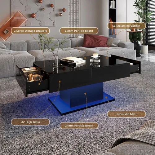 Miniatura 7 de HedoAjim - Mesa de café negra con LED y 2 cajones de almacenamiento para sala de estar, mesa rectangular de centro para sala de estar, mesas de café