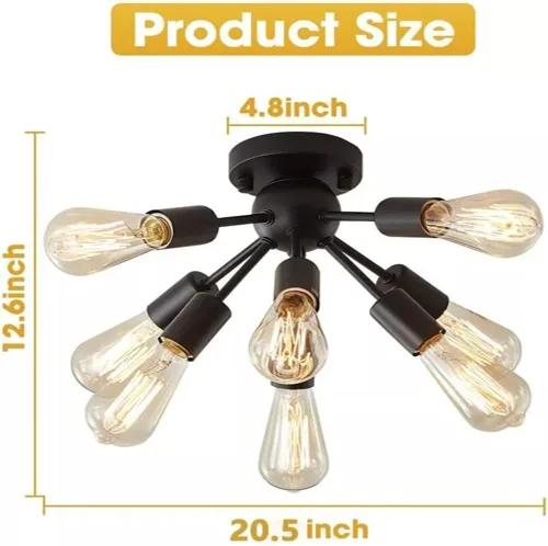 Miniatura 5 de Lámpara Sputnik de techo de 8 luces, moderna lámpara industrial negra semiempotrada para cocina, comedor, dormitorio, sala de estar, base E26