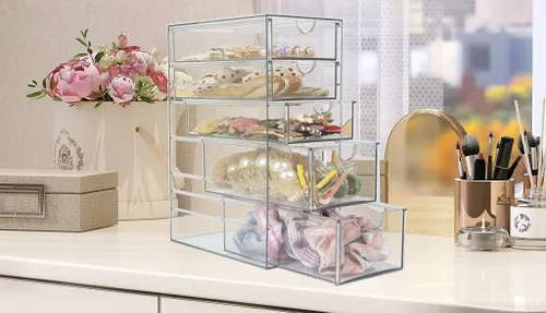 Miniatura 5 de Cajón de plástico con 5 cajones de diferentes tamaños, organizador de accesorios para el cabello gris claro transparente, organizador de baño