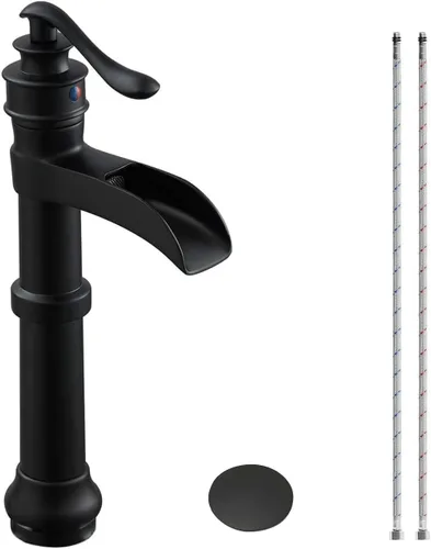 Homevacious Grifo de baño negro para lavabo, cascada mate, cuenco antiguo de un solo orificio con tapón de drenaje emergente, línea de suministro de