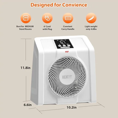 Miniatura 8 de HEATIT Calentador de espacio para interiores, pantalla digital con termostato, temporizador de 1-12 horas, modo de ventilador, 1500 W/750 W, Blanco