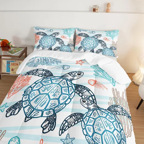 Miniatura 4 de HOSIMA Juego de edredón de tortuga marina, juego de edredón con temática de playa costera tamaño Queen para niños, adolescentes y niñas, decoración