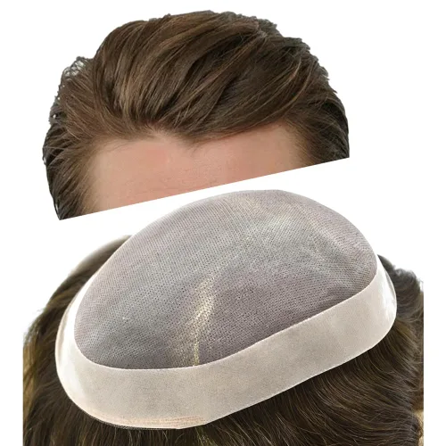 Miniatura 54 de Tupé para hombre, pieza de cabello humano real, monofilamento, tupé para hombres, postizos, unidades de sistema de reemplazo de cabello, gris