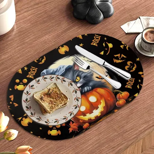 Miniatura 2 de Pumpkin Placemats Oval Placemats Set of 2 Black Cat Table Mats for Dining Tables Washable Heat Resistant Place Mats for Holiday Party Use 12X18 Inch