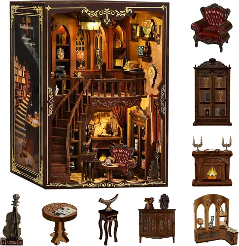 Kit de rincón de libros en miniatura, rompecabezas de madera 3D, decoración de estantería de biblioteca con luces LED, modelo de casa pequeña,