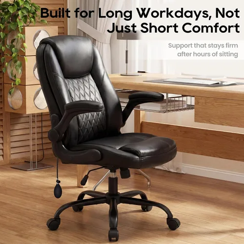 Miniatura 8 de MALOL Silla de oficina de cuero, silla de escritorio para computadora con soporte lumbar ajustable, cojín grueso, brazos abatibles y respaldo Negro