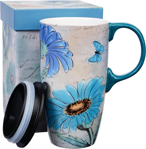Topadorn Taza de Café de Cerámica Taza de Viaje con Tapa 17oz Tazas Latte con Asa y Caja de Color a Juego, Perfecta para Café y Té, Margarita
