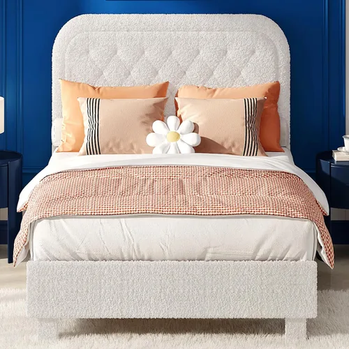 Miniatura 12 de VINGLI Base de cama individual para niños, cama de plataforma tapizada Boucle con cabecera ajustable, soporte de listones de madera resistente, cama