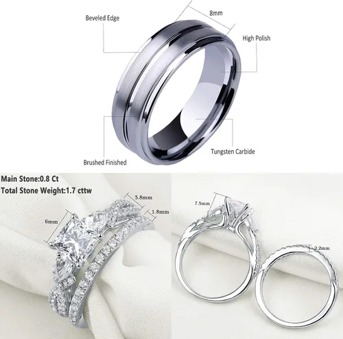 Miniatura 4 de Newshe Jewellery Juego de anillos de boda para él y ella, AAAAA, circonita cúbica para mujeres y hombres, anillos de tungsteno de plata de ley 925