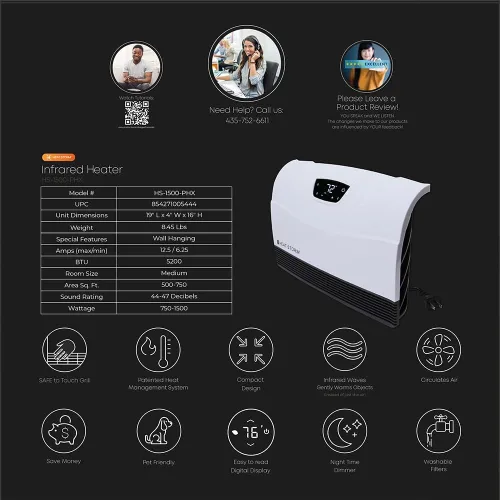 Miniatura 10 de Calentador de Espacio Infrarrojo Heat Storm Phoenix con Patas Desmontables, Control Remoto, Eficiente Energéticamente-750-1500 Vatios, Blanco