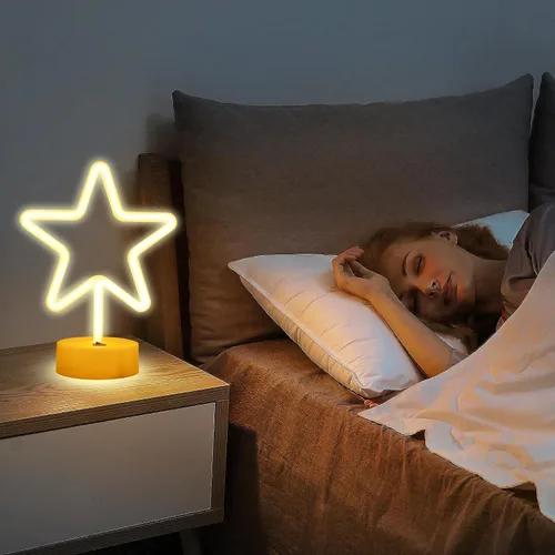 Miniatura 5 de ENUOLI Lámpara de luz LED de neón en forma de estrella blanca cálida con base, funciona con pilas y USB, letrero de neón LED en forma de estrella