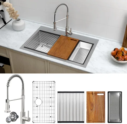 Miniatura 11 de Fregadero de cocina de 32 pulgadas para montar bajo encimera, acero inoxidable calibre 18, lavabo profundo grande con rejilla y colador
