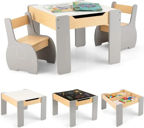 Miniatura 11 de INFANS Juego de mesa y silla para niños 3 en 1, mesa multiactividad de madera con almacenamiento removible en la parte superior, pizarra desmontable