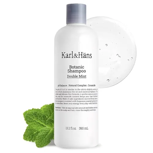 Karl&Hans Botanic Champú vegano de doble menta orgánico para hombres y mujeres, champú para el cabello sin sulfato con menta y extractos de flores