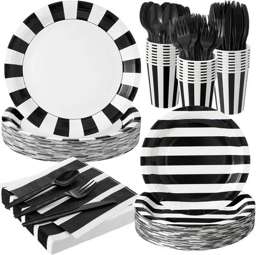 Bokon 350 decoraciones de fiesta en blanco y negro incluyen 100 platos de papel a rayas, 50 vasos de papel, 50 servilletas, 50 cuchillos, 50