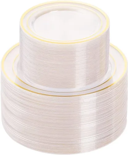 BESTVIP 200 piezas platos de plástico dorado transparente, platos desechables para fiestas con 100 platos de cena y 100 platos de postre, platos de
