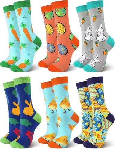 Jenaai 6 pares de calcetines de Pascua para adultos, calcetines estampados novedosos con diseño de conejo, zanahoria, huevo, pollito para regalo de