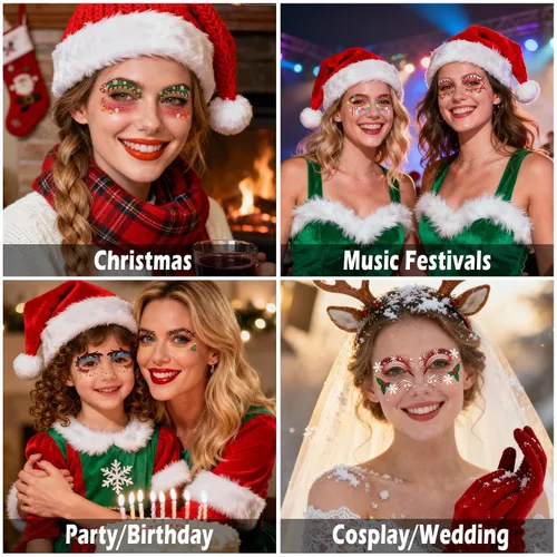 Miniatura 5 de 12 pares de tatuajes temporales de maquillaje navideño para ojos, impermeables, árbol de Navidad, ciervo, delineador de ojos, sombra de ojos, kit