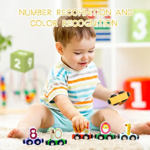 Miniatura 6 de Juguetes para niños pequeños, juego de pista de tren magnético de madera de 12 piezas con diseños de animales y digitales, juguete educativo
