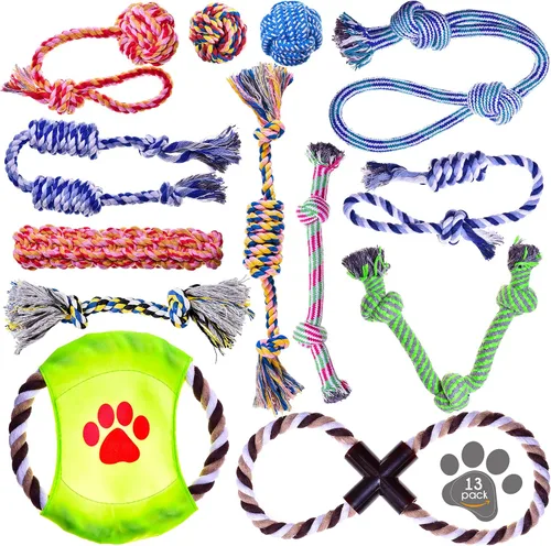 Pets&Goods Juguetes masticables de cuerda – Paquete de 13 juguetes duraderos de algodón para cachorros y perros pequeños – Juguetes de cuerda