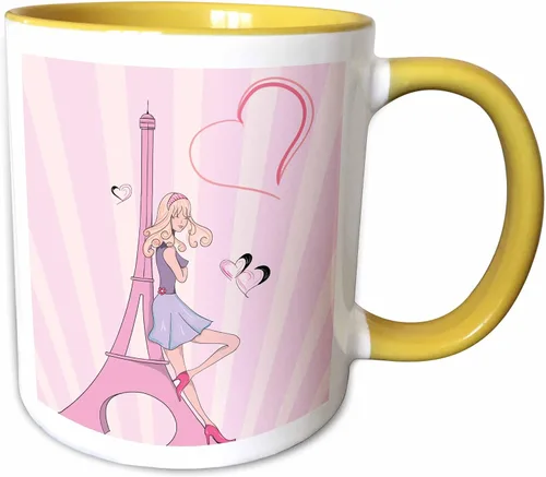 Miniatura 10 de 3dRose Girly Pink Girl Eiffel Tower and Hearts Paris Love Vector Illustration Taza de dos tonos, 11 onzas, negro/blanco