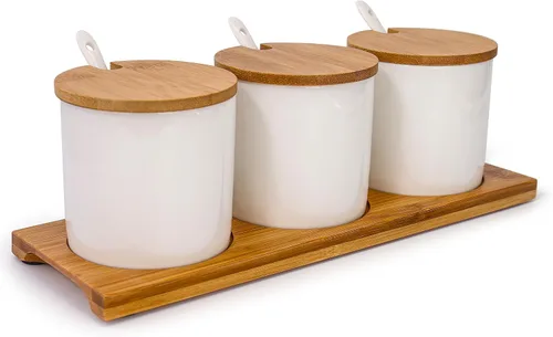 Miniatura 8 de Recipiente de especias de porcelana para condimentos con tapas, soporte de tapa de bambú, cuchara de servir de cerámica, bandeja de madera, la mejor