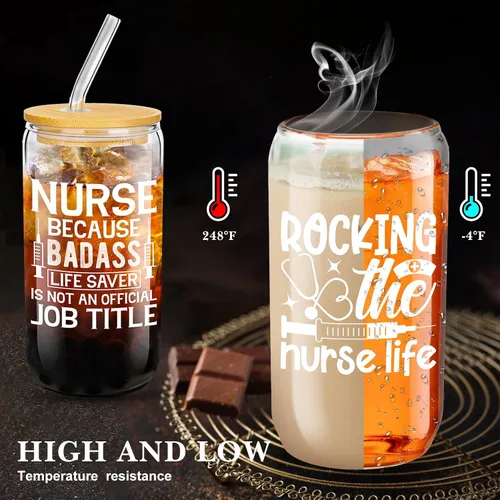 Miniatura 3 de Juego de 6 vasos de vidrio con forma de lata de 16 onzas con tapas y pajitas de bambú, regalos de graduación de escuela de enfermería para mujeres