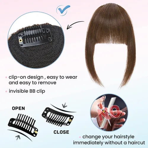 Miniatura 5 de Hairro Flequillo con clip, de cabello humano, fleco francés, con flecos, parte frontal plana, flequillo lateral, clip con cortina de sien, clip